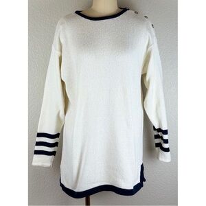 Liz Sport Vintage Nautical White Pullover Sweater with Navy Stripes, size Large